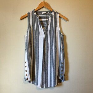 Vertical Barcode Stripe Button Accent Linen Tunic Tank Top